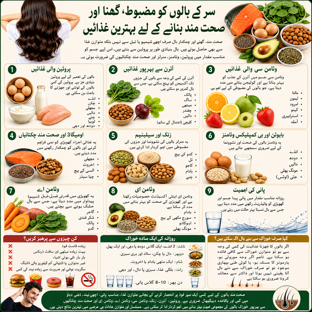 سر کے بالوں کو مضبوط، گھنا اور صحت مند بنانے کے لیے بہترین غذائیں